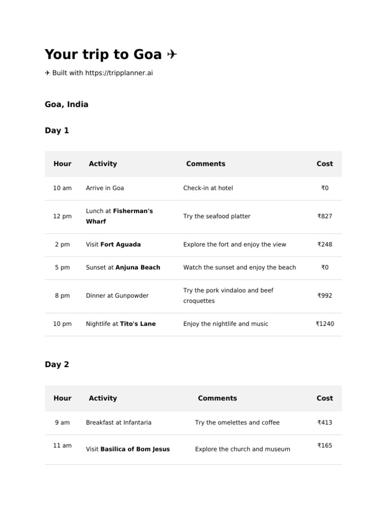 Goa Travel Itinerary: 3-Day Guide | PDF
