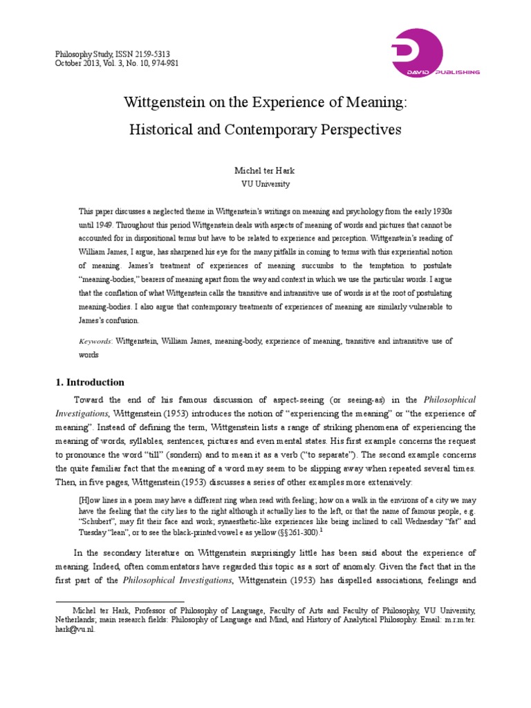 Wittgenstein On The Experience of Meaning - Historical and Contemporary ...