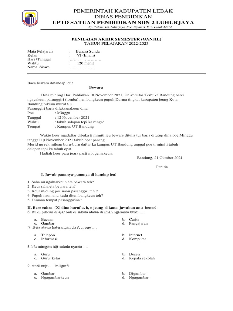 Soal Bahasa Sunda Kelas 6 2022 2023 Pdf