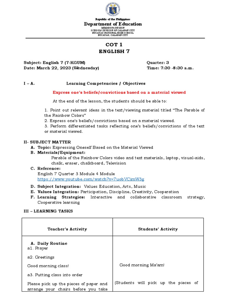 first cot in English 7 | PDF