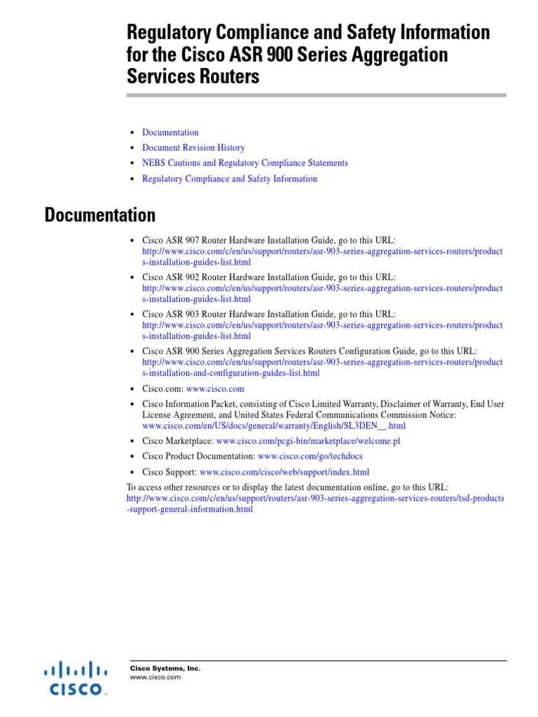 CISCO - ASR 900 - Regulatory Compliance and Safety Information | PDF