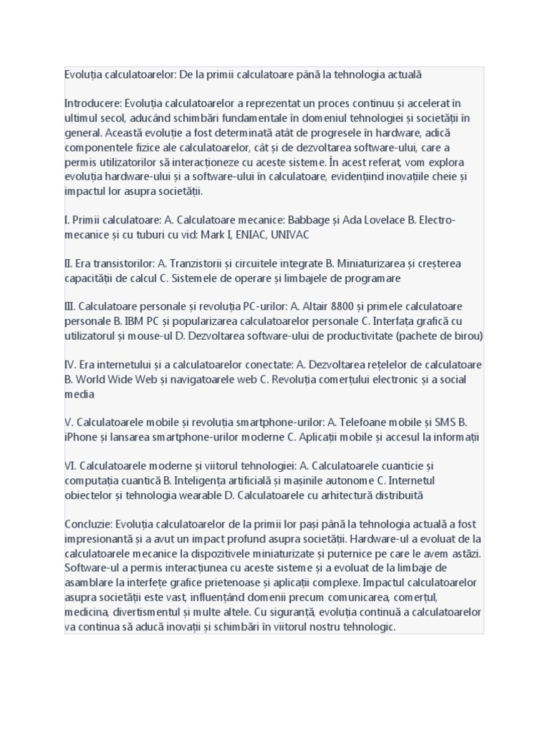 Referat Informatica Evoluția Calculatoarelor | PDF