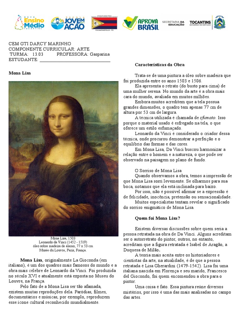 MONALISA ATIVIDADE | PDF | Leonardo da Vinci