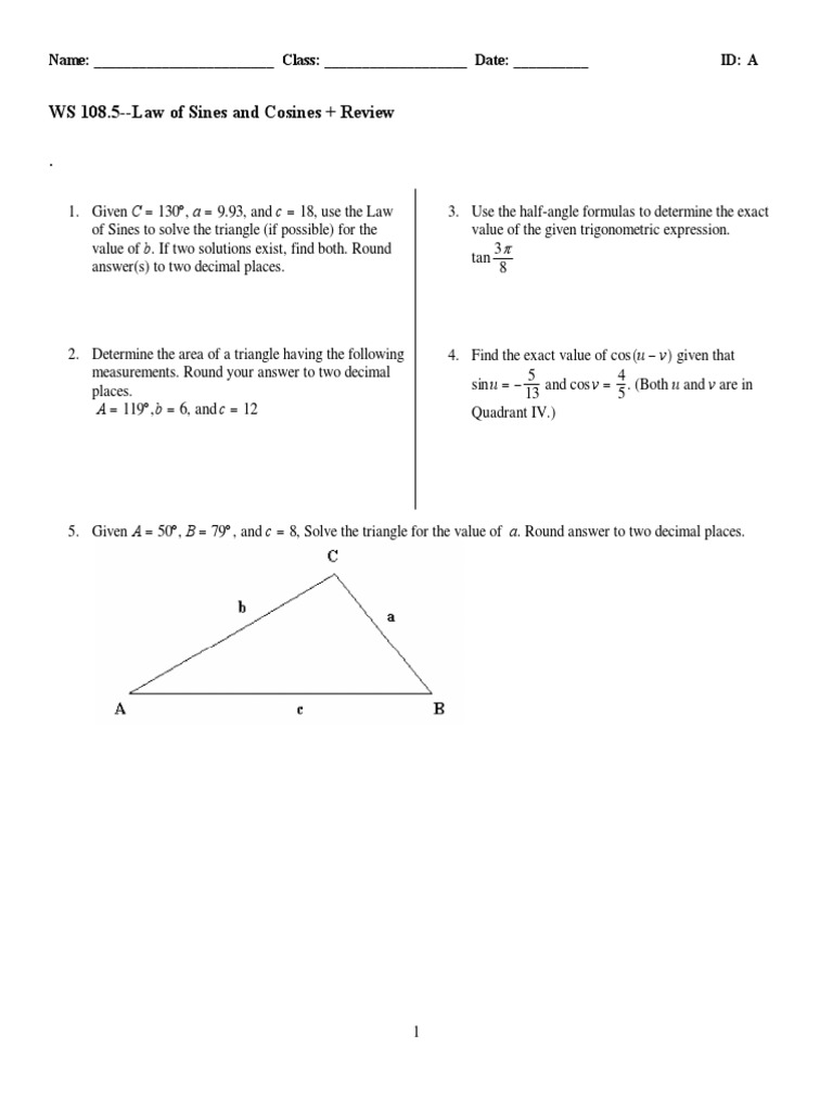 Worksheet 108.5 - Law of Sines and Cosines | PDF | Trigonometric