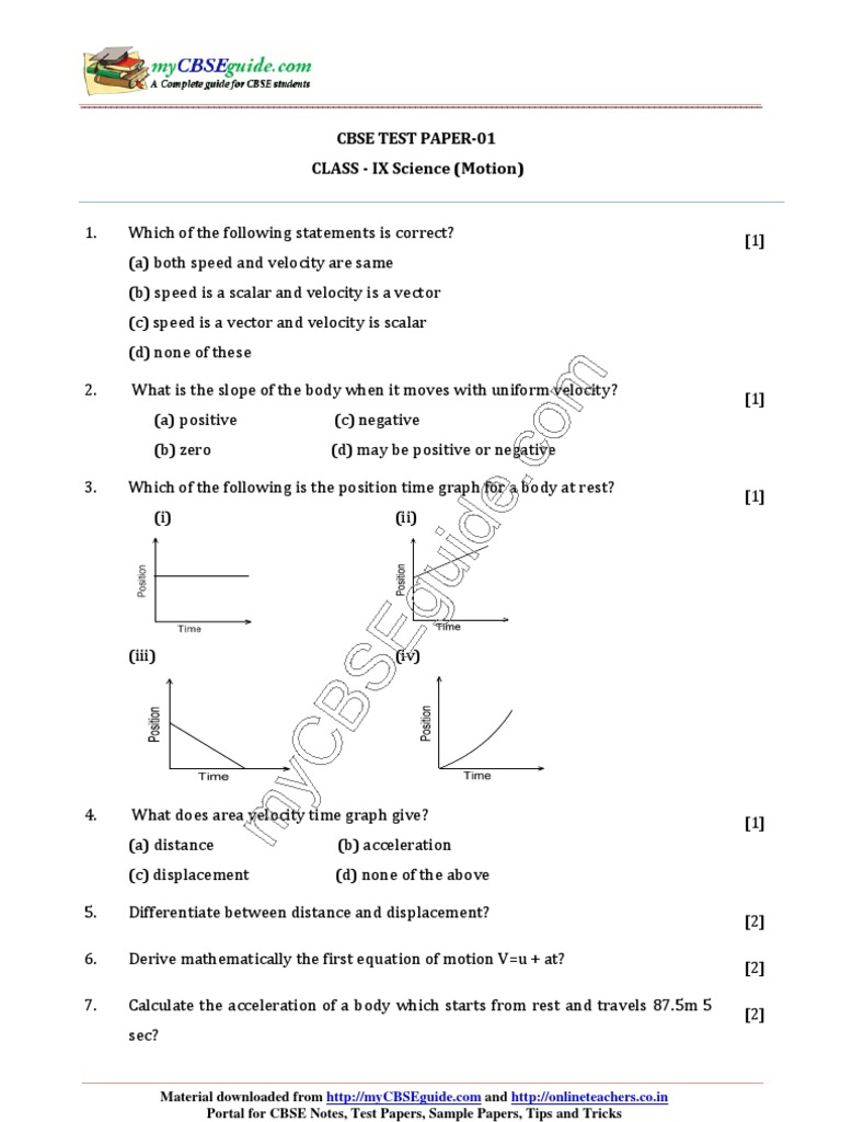 Class 9 Motion Test Paper PDF | PDF | Teaching Methods & Materials