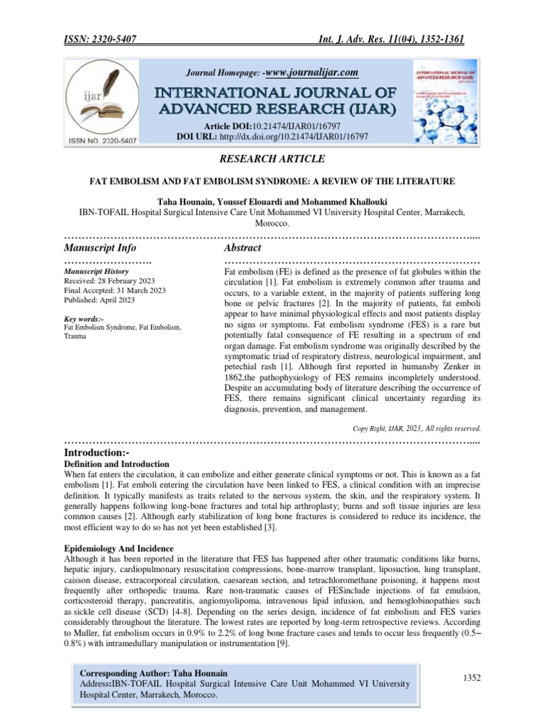 Fat Embolism and Fat Embolism Syndrome: A Review of The Literature