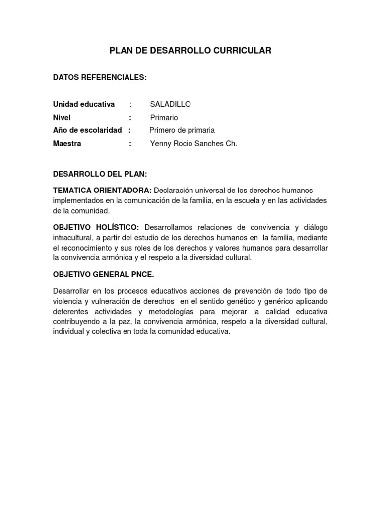 Plan de Desarrollo Curricular Primero de Primaria 01 | PDF | Derechos ...