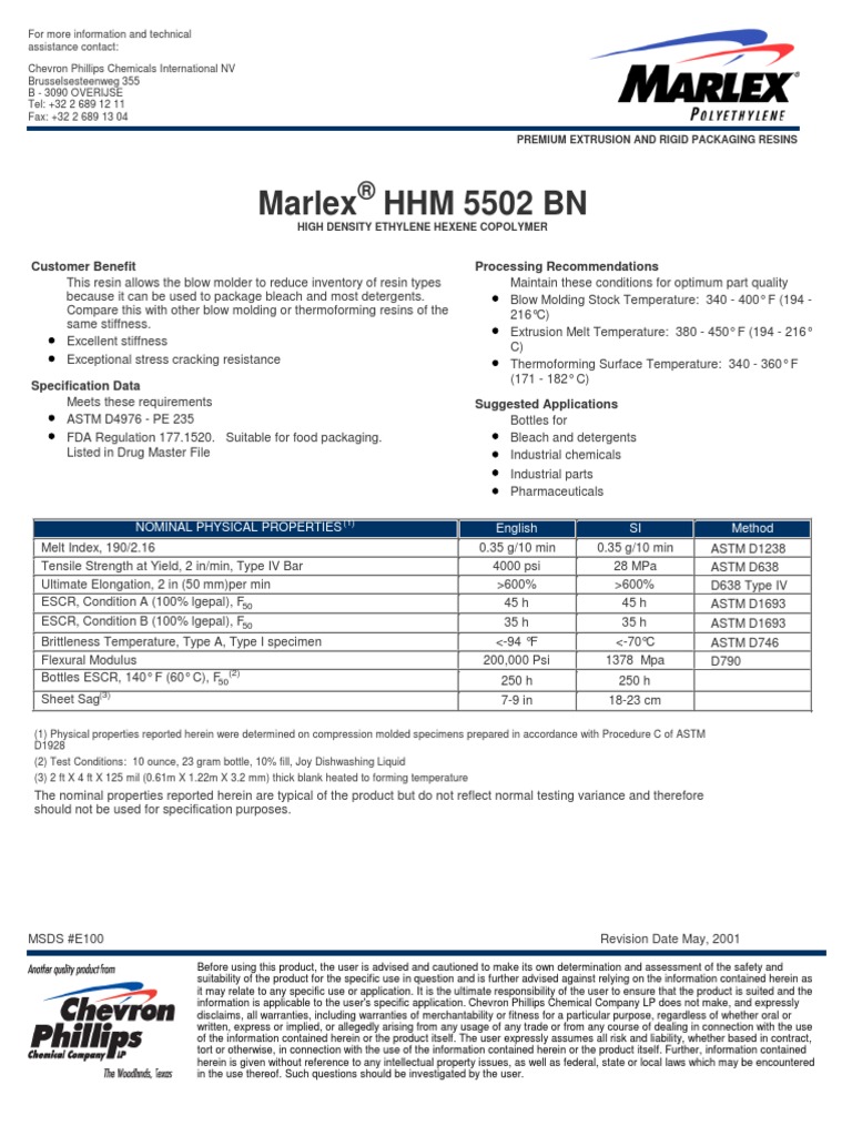 CHEVRON MARLEX HHM 5502 BN PDF Polyethylene Applied And Interdisciplinary Physics