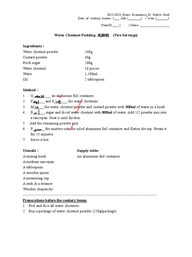 Water Chestnut Pudding Recipe S1 | PDF
