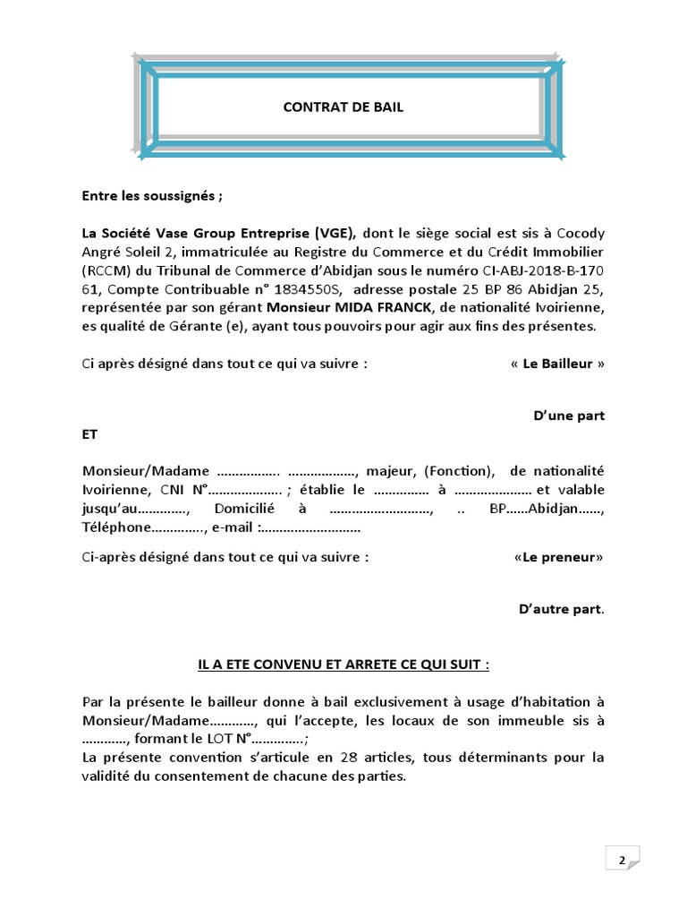 Modèle de contrat de bail en Côte d'Ivoire | PDF | Impôts | Assurance