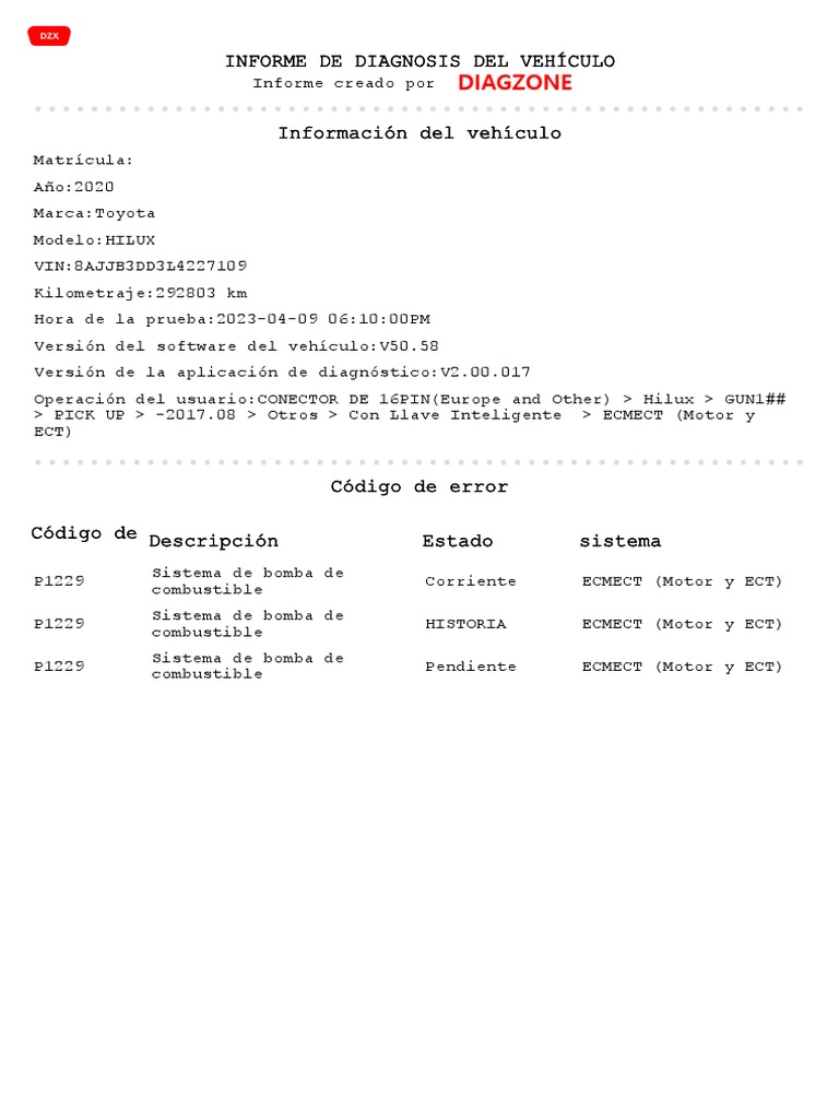 Diagnóstico Toyota Hilux: Error P1229 | PDF