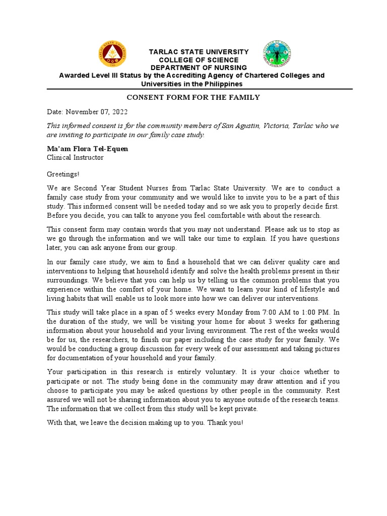 Family Case Study Consent Form | PDF | Informed Consent | Nursing