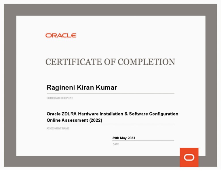 Oracle ZDLRA Hardware Installation & Software - Certificate | PDF
