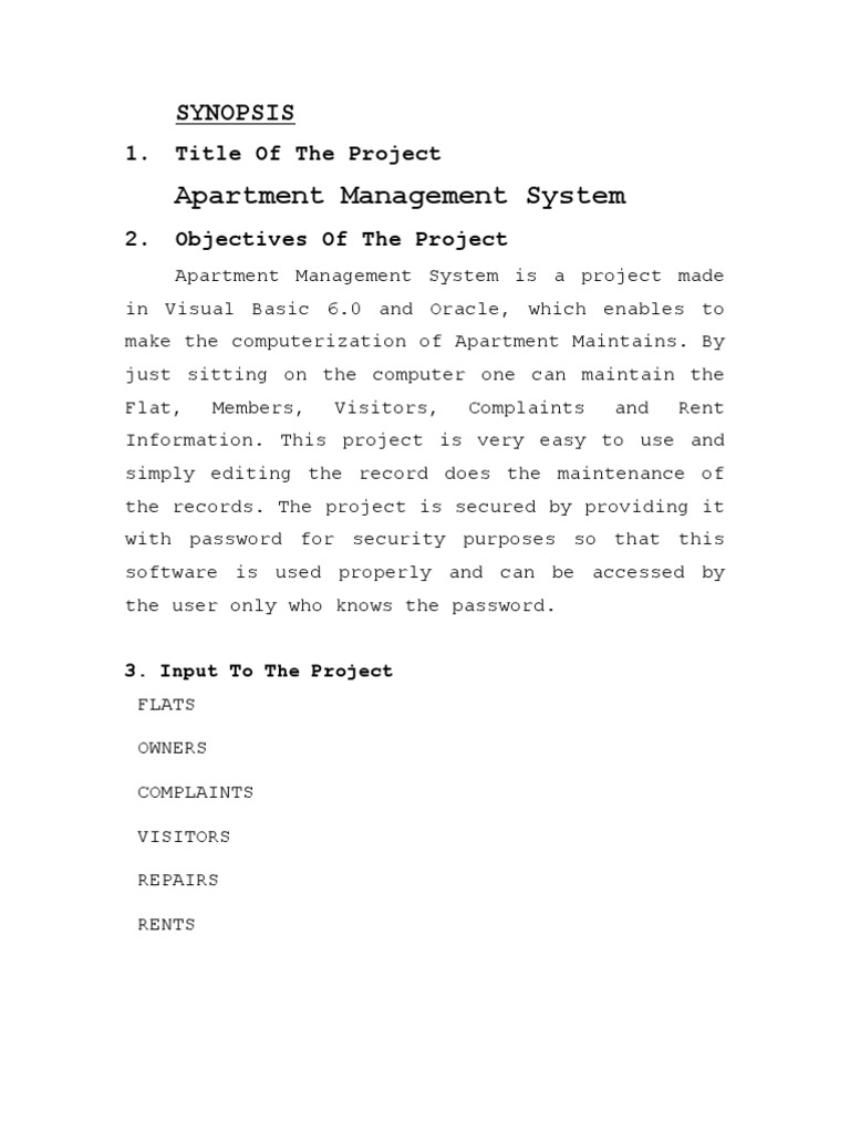 Apartment Management System Synopsis PDF Apartment Password