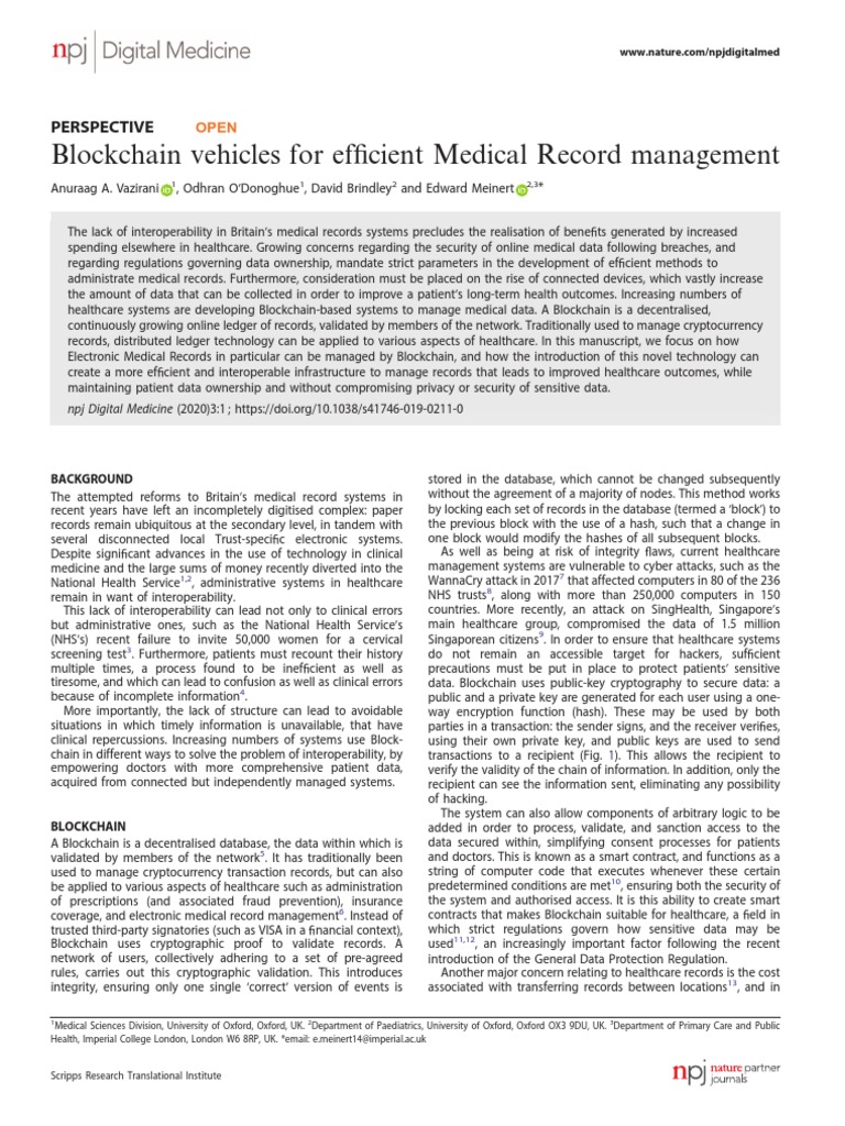Blockchain Vehicles For Efficient Medical Record Management PDF