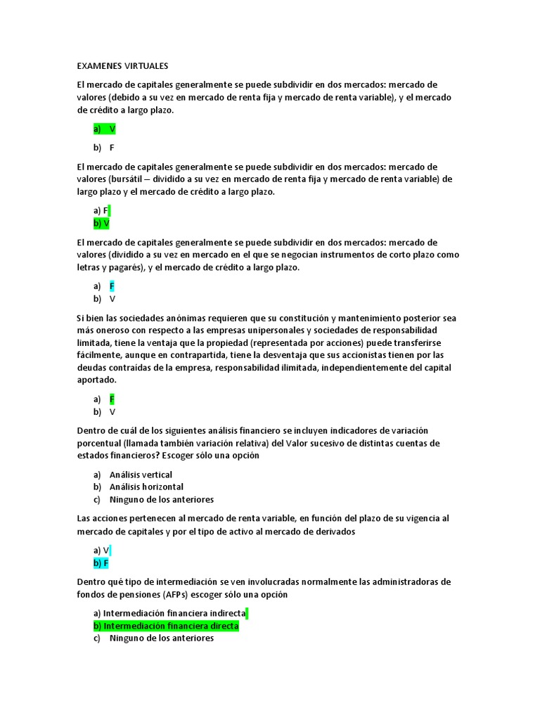 Examen de Finanzas: Mercado de Capitales | PDF | Bolsa de Valores | Bolsa
