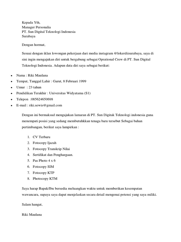 Contoh Surat Lamaran Pekerjaan Yang Disukai HRD | PDF