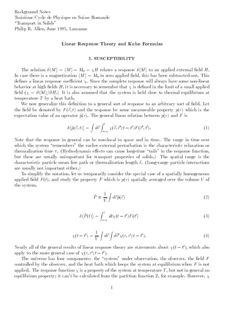 Linear Response Theory in Solids | PDF | Perturbation Theory (Quantum ...