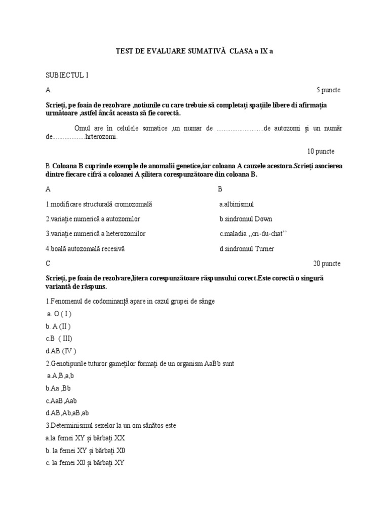Test de Evaluare Clasa A 9 A D | PDF
