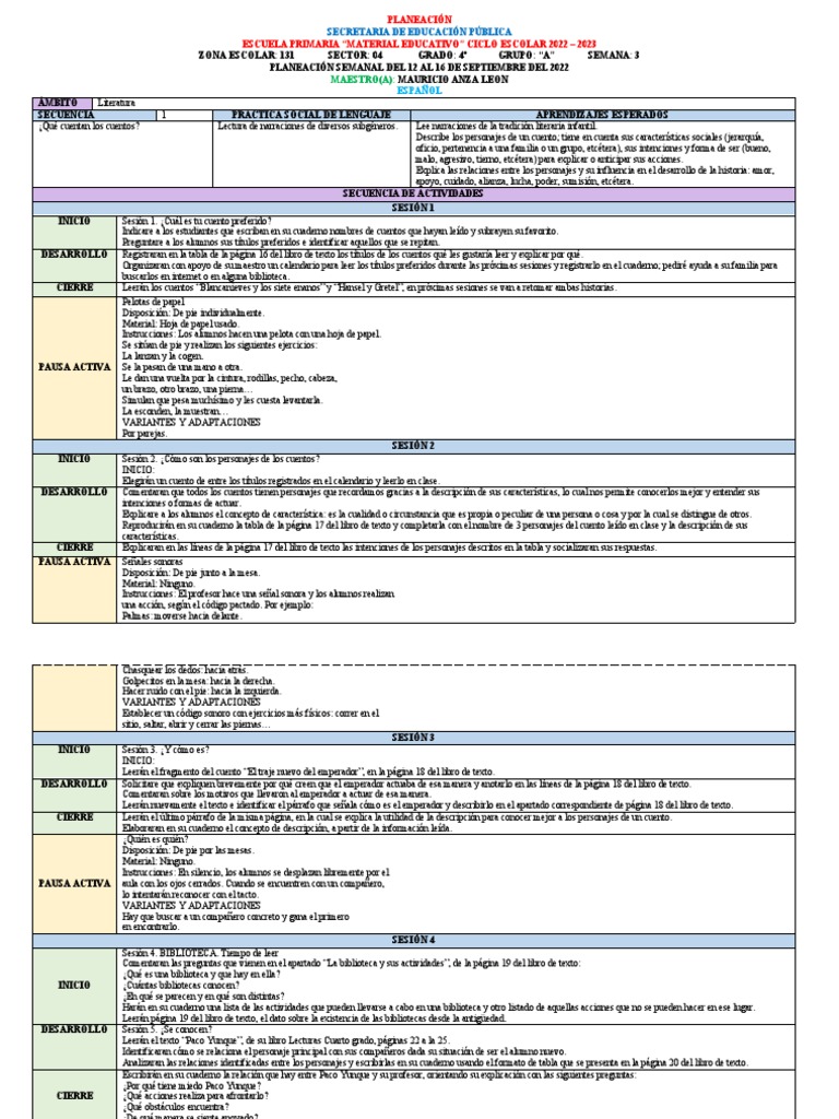 Planeación Semanal 4° Grado SEP | PDF | Números | Educación primaria
