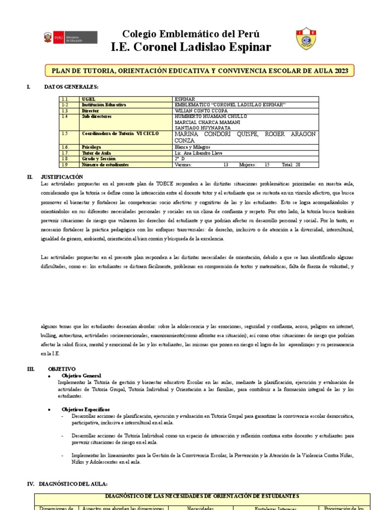 Plan de Tutoria de Aula 2023 Primera Parte | PDF