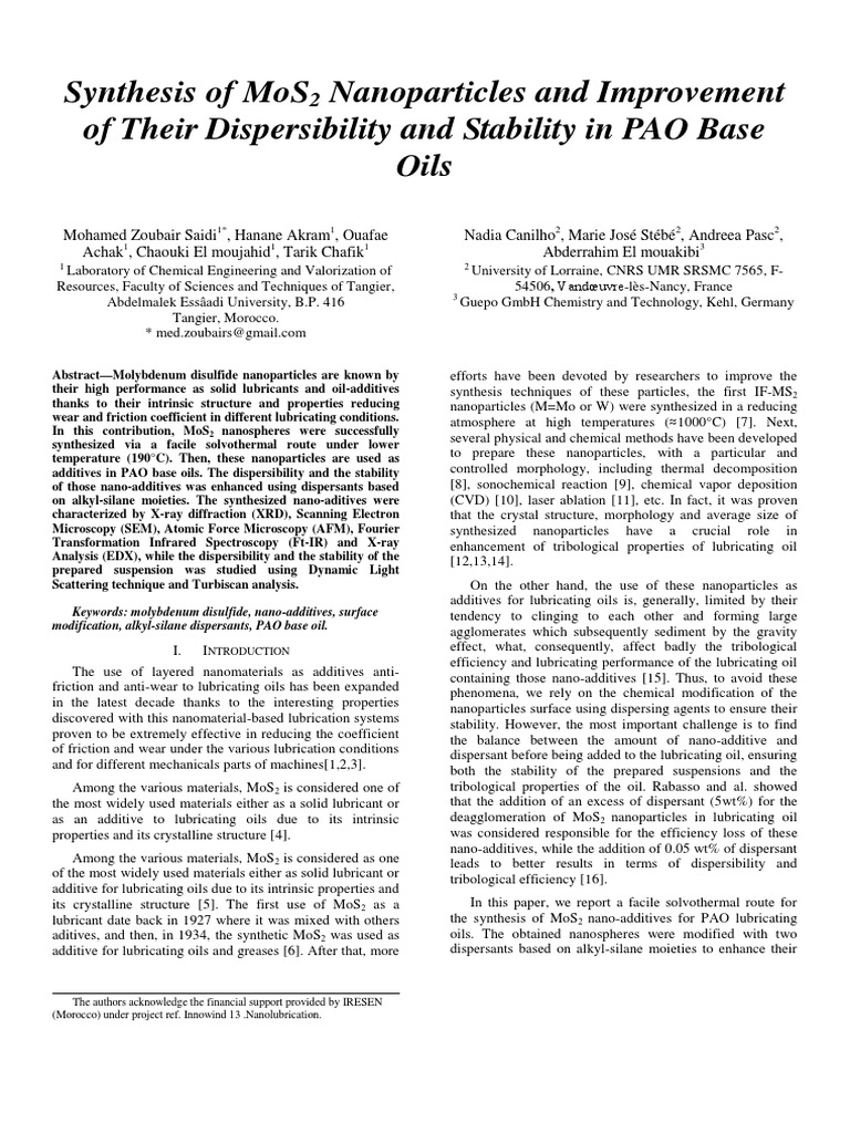 Enhanced Dispersibility of MoS2 Nanoparticles in Poly-α-Olephines ...