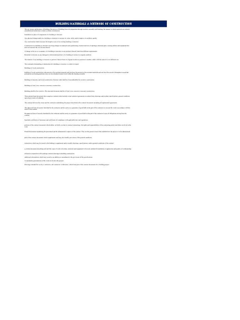 Quizzes Summary Building Materials and Methods of Construction PDF