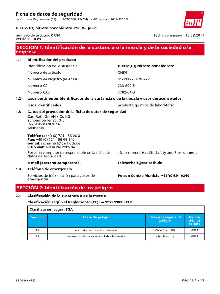 Ficha de Datos de Seguridad Hierro (III) Nitrato Nonahidrato PDF Química Especialidades