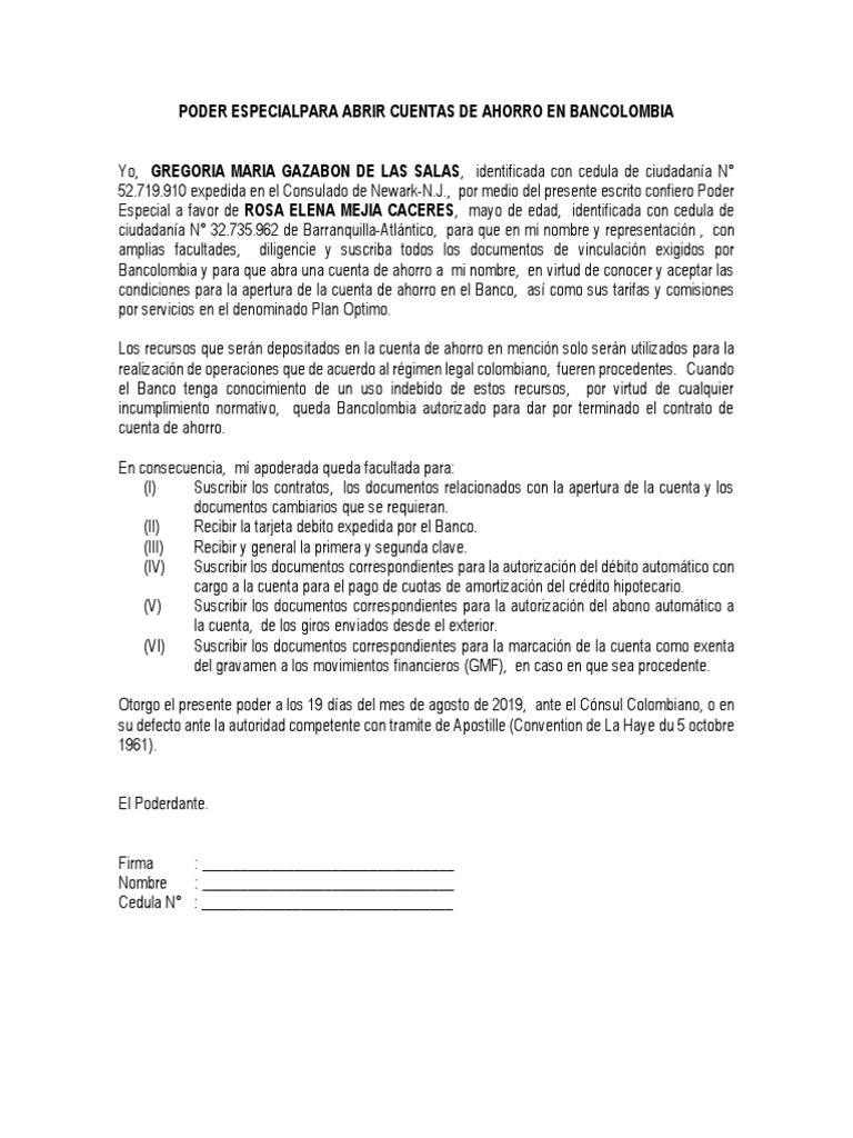 Poder para abrir cuenta en Bancolombia | PDF