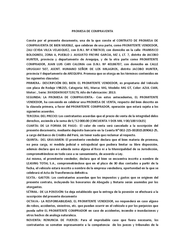 Promesa de compraventa vehicular modelo 1 christian pdf ley com n