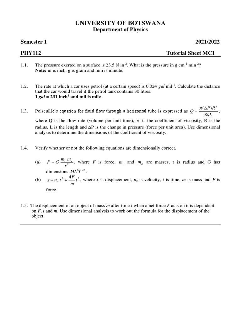 University of Botswana: Department of Physics Semester 1 2021/2022 ...
