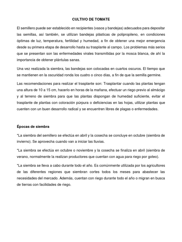 Cultivo De Tomate 065449 Pdf Riego Siembra