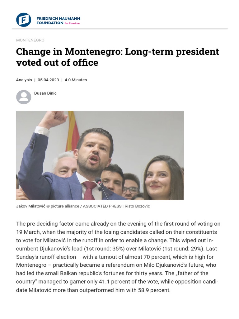 Montenegro Change in Montenegro LongTerm President Voted Out of