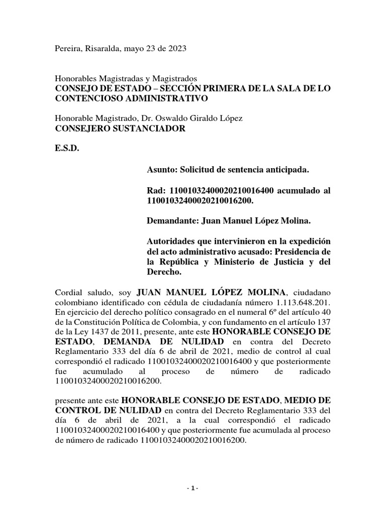 Solicitud de Sentencia Anticipada - 11001032400020210016400 | PDF
