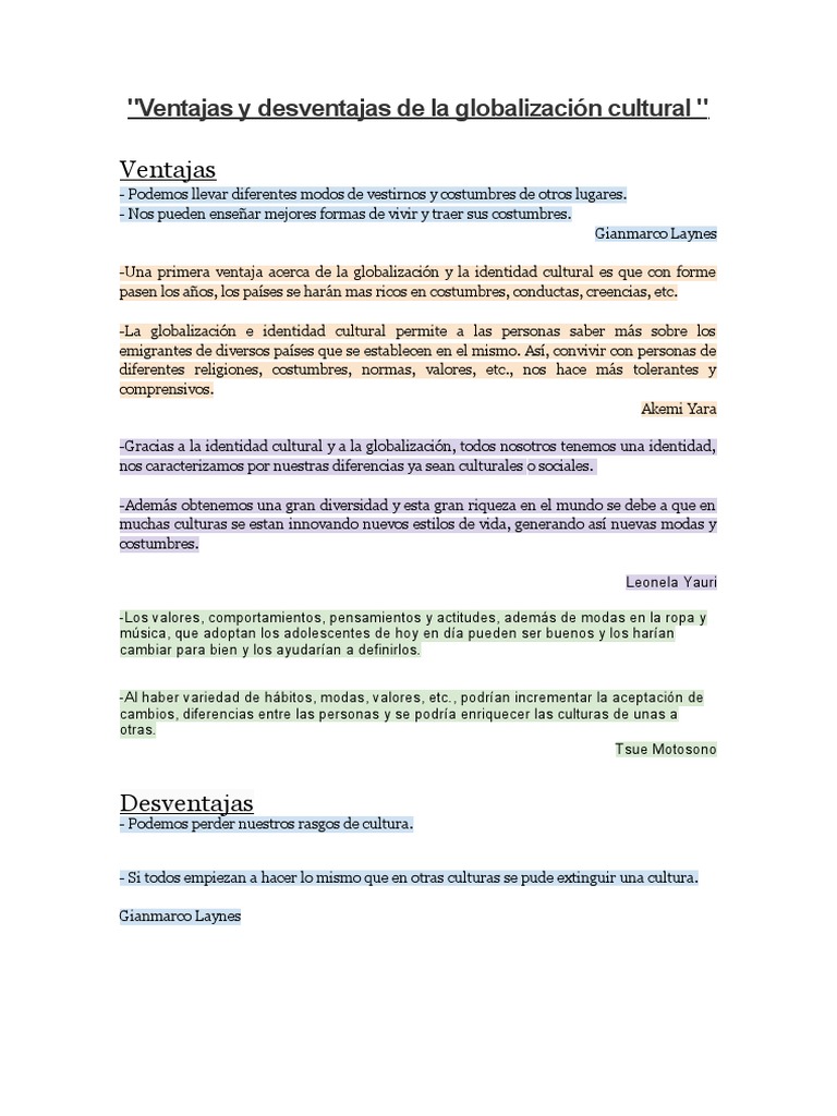 Ventajas Y Desventajas De La Globalización Cultural Pdf Globalización
