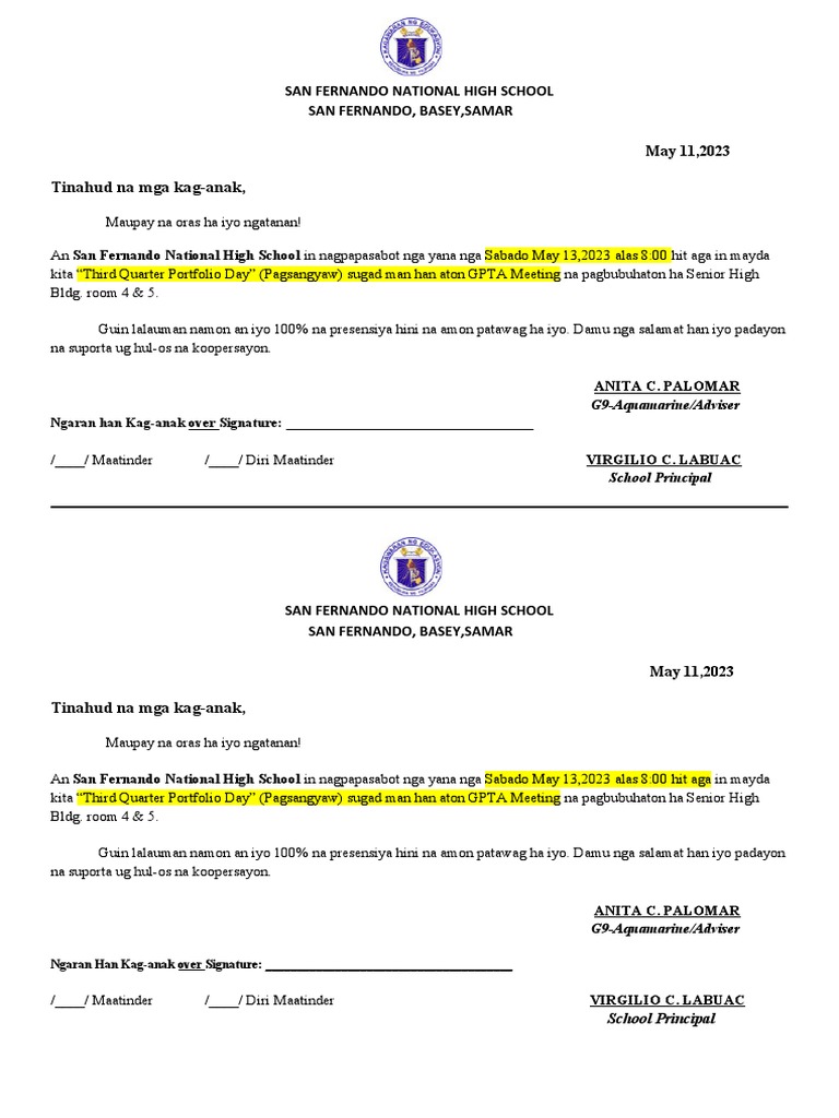 Letter Invitation To Parents. | PDF