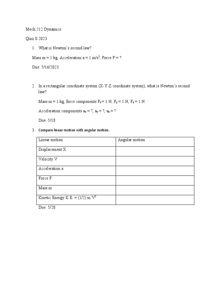 S 2023 Mech 212 Dynamics Quiz | PDF