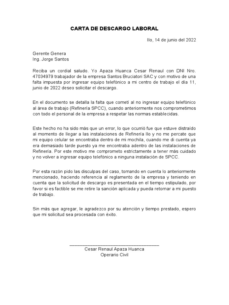 Carta de Descargo Laboral | PDF
