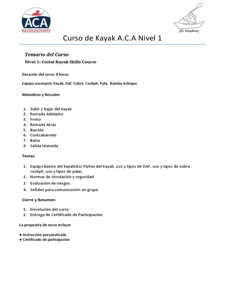 Curso de Kayak A.C.A Nivel 1: Temario y Detalles | PDF