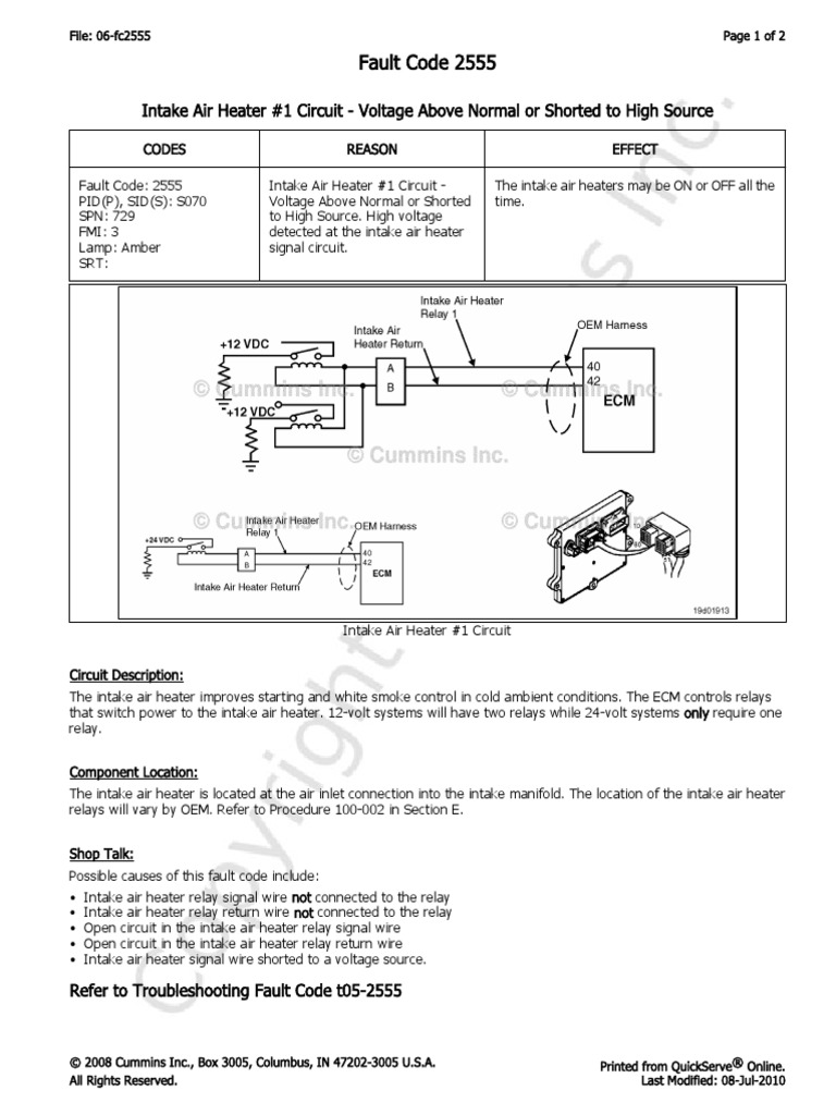 06fc2555 Intake Air Heater 1 Circuit Voltage Above Normal or