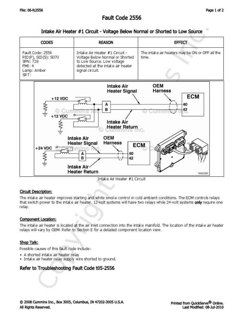06fc2556 Intake Air Heater 1 Circuit Voltage Below Normal or