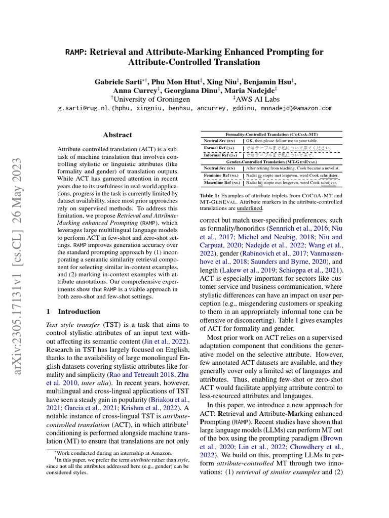 RAMP Retrieval and AttributeMarking Enhanced Prompting For AttributeControlled Translation PDF