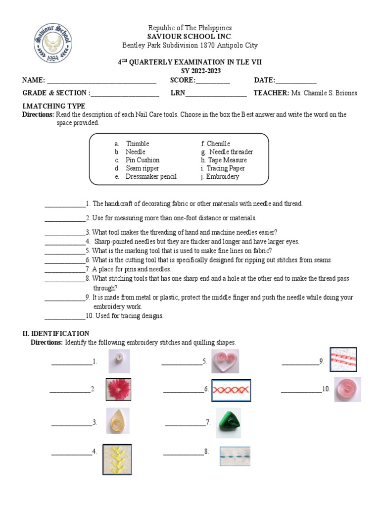 4TH QUARTER TLE 7 REVISED | PDF | Embroidery | Sewing Needle