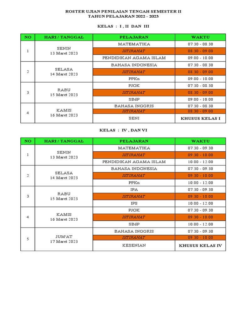 Roster PTS Semester Ii | PDF
