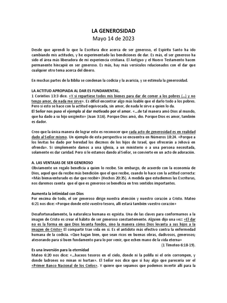 La Generosidad Según la Biblia | PDF | Diezmo | Amor