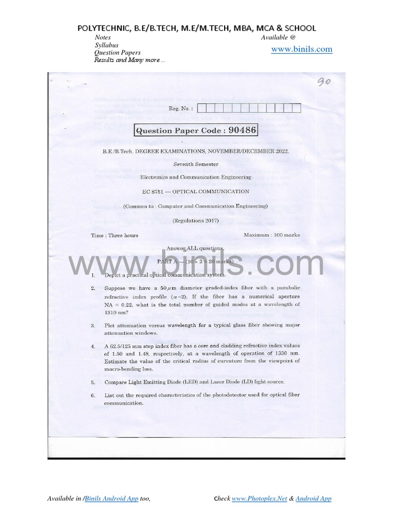 EC 8751 Optical Communication Anna University Question Paper PDF