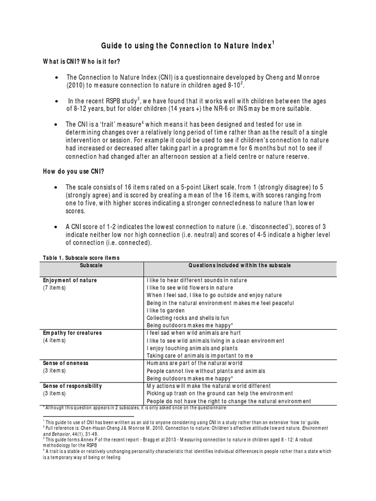 Using the Connection to Nature Index | PDF | Wellness