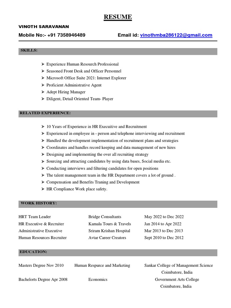 Resume for hr job in bangalore location pdf