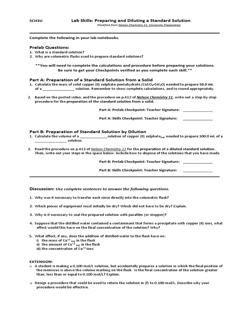 Lab Skills Preparing and Diluting a Standard Solution PDF Concentration Molar Concentration