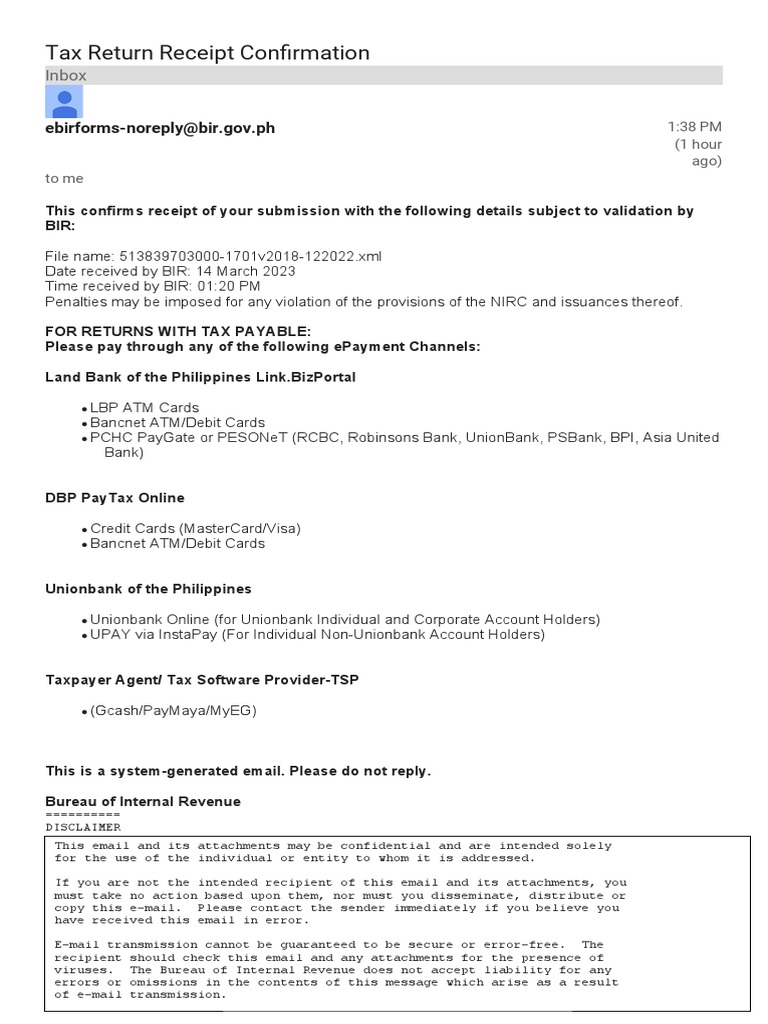 Tax Return Receipt Confirmation PDF